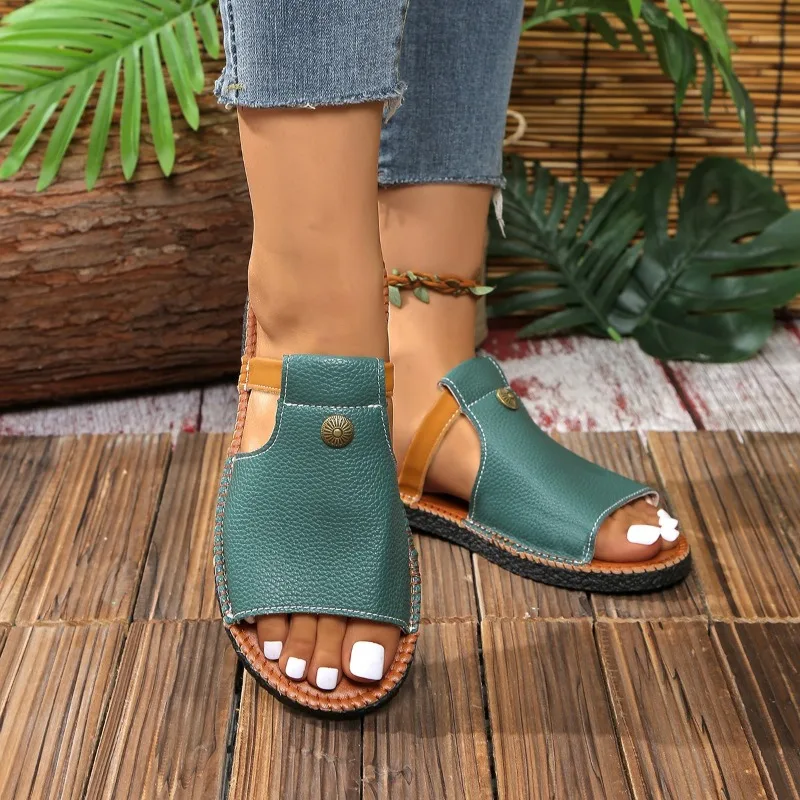 وصل حديثًا لصيف 2025 شباشب غير رسمية ذات لون سادة مفتوحة من الأمام مريحة مانعة للانزلاق صنادل نسائية بكعب منخفض Жеanskaya Оbuvai #5