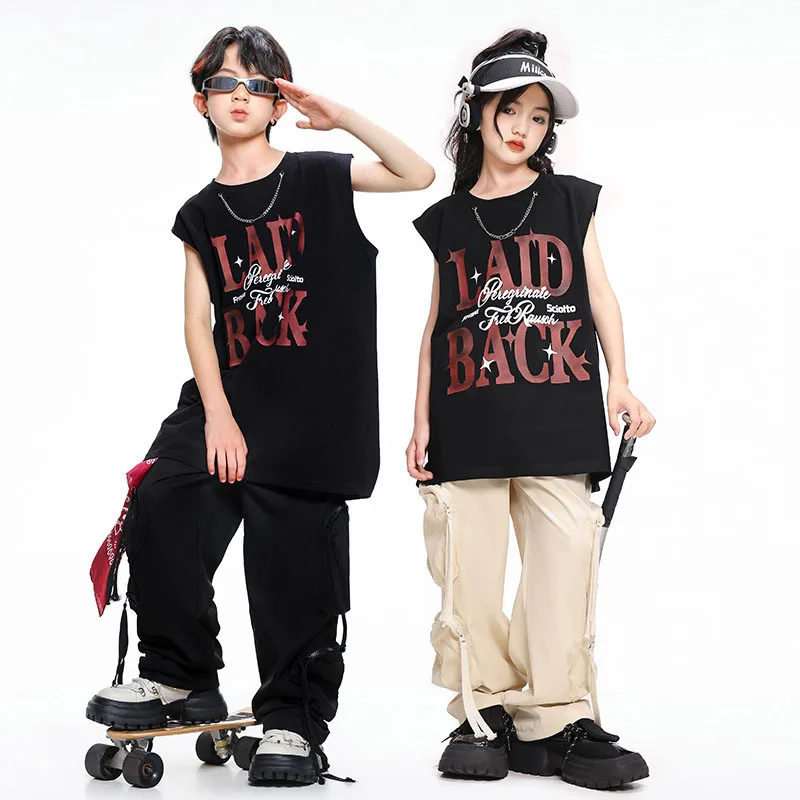 

Kid Hip Hop Clothing Black Letter Chain Tank Top Beige Casual Multi Pockets Cargo Pants for Girl Boy Jazz Dance Costumes Clothes