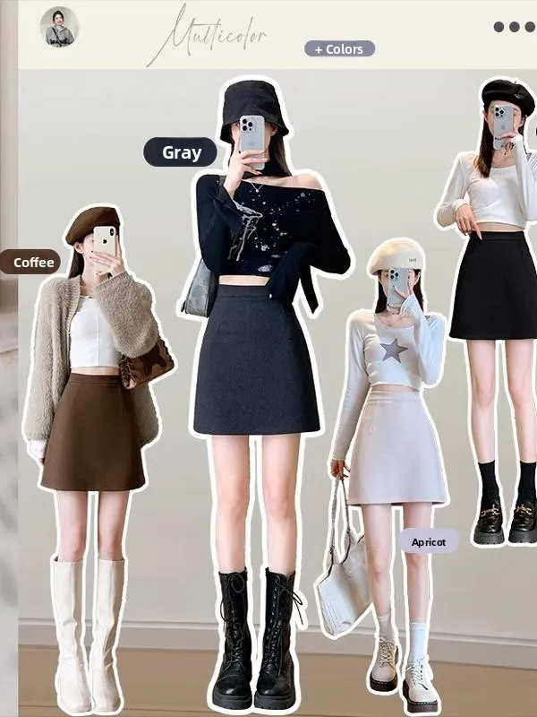 Gray Woolen  Skirt Women's High Waist A-Line Tight Fit Short Skirt Spring Autumn New Style Sexy Little Girl Bodycon Skirt