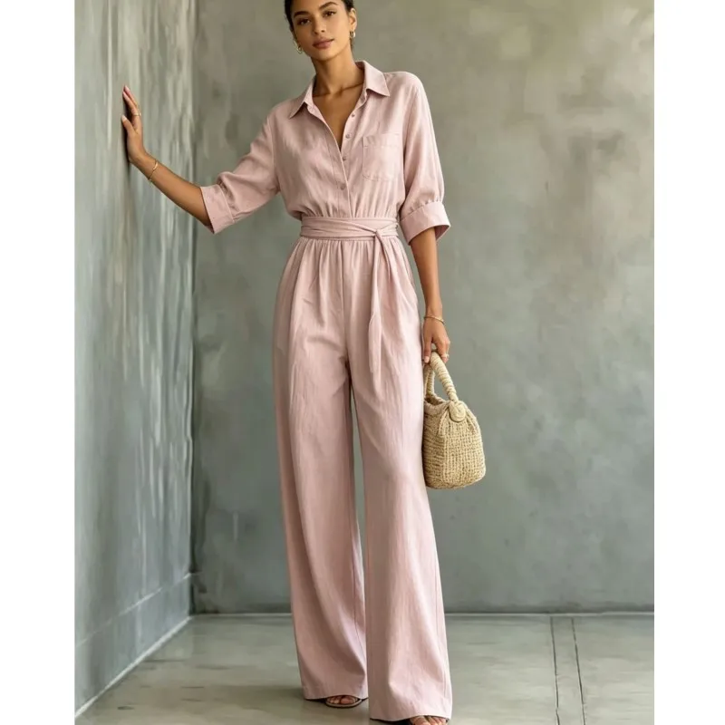 Fashion Solid Color Women's Jumpsuit Spring Autumn Lapel Button Half Open Design High Waisted Jumpsuits Lady Commuting Clothing