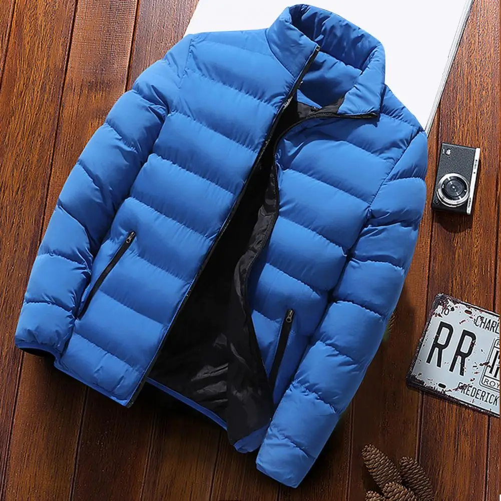 Outdoor Sports Coat Men's Stand Collar Baseball Jacket with Full Zipper Closure Pockets Solid Color Winter Coat for Outdoor
