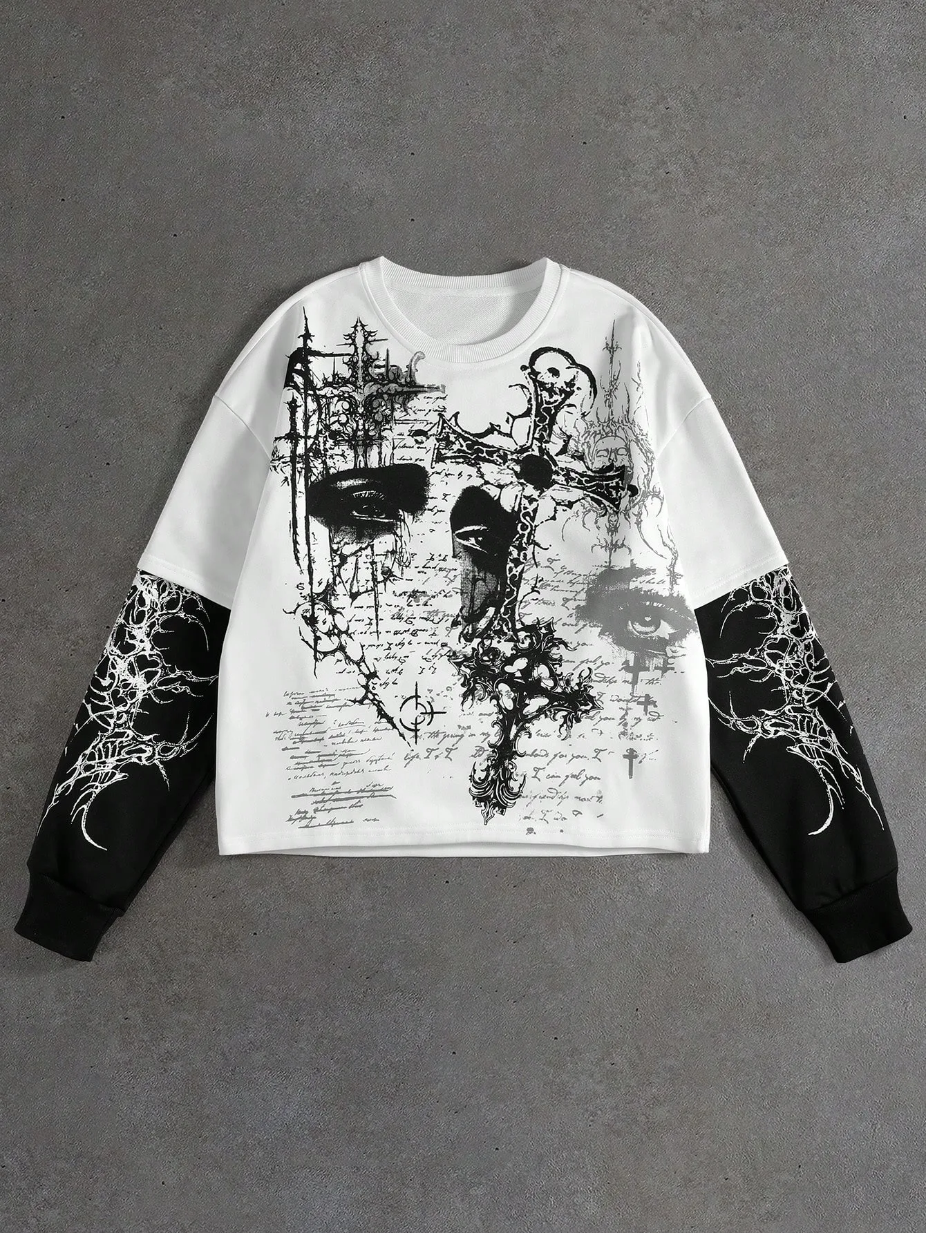 Grim Gothic Fake Two‑Piece Long Sleeve Striking Red Eye Print Spliced Forward Dark Punk Emo Style Comfort Washed Tops
