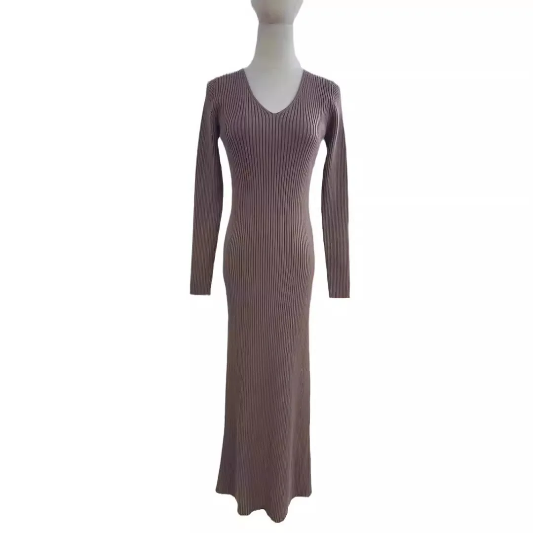 Women's New Solid Color Long Sleeve V-neck Slim Bodycon Knitted Maxi Dress Trendy Elegant Fashion Dresses