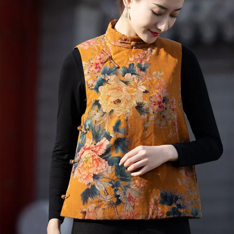 

Women Traditional Chinese Style Vest Fashion Oriental Clothing Retro Print Qipao Tops Elegant Waistcoats Sleeveless Hanfu Coats