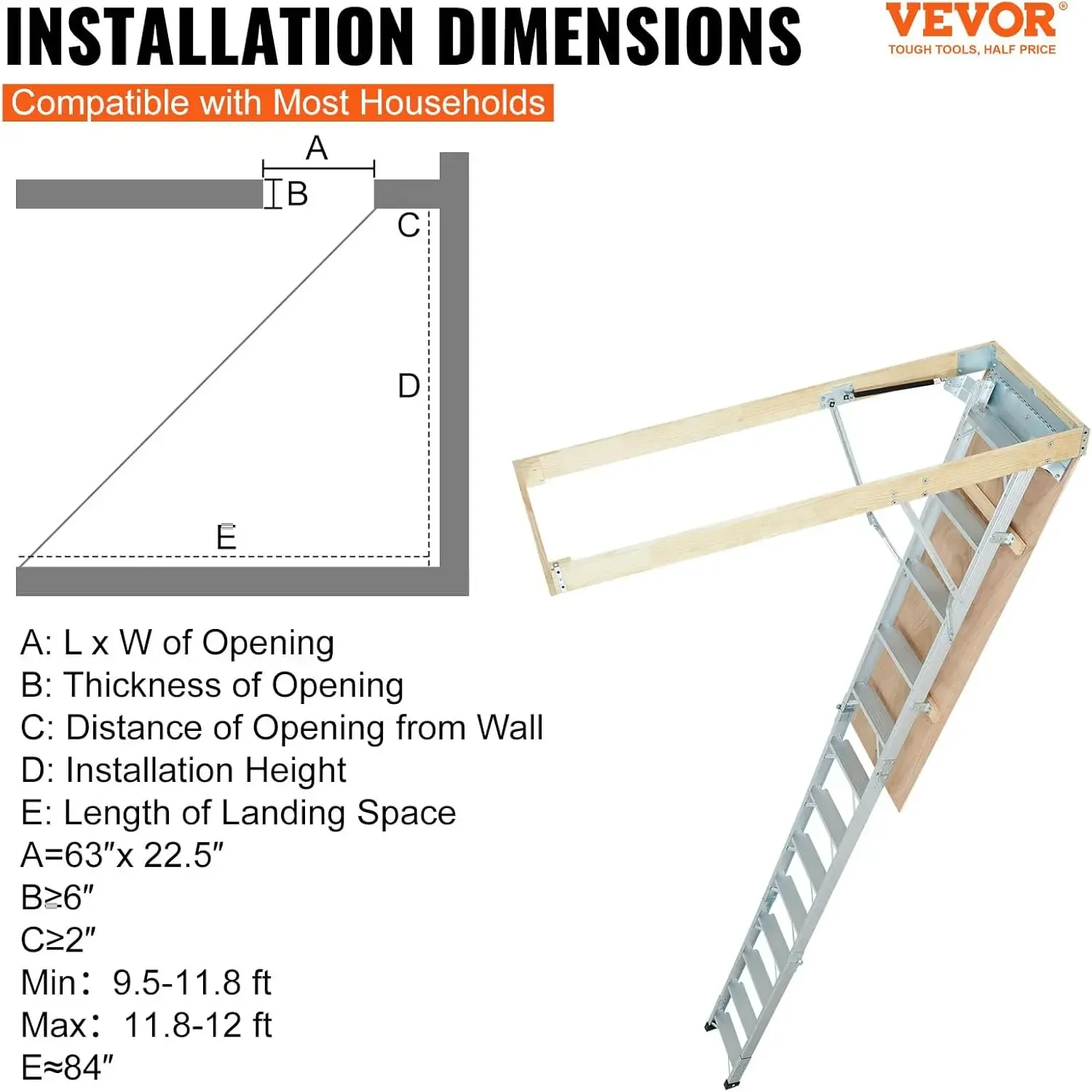 Attic Ladder Foldable 350 pound Capacity 22 5 x 63 Multi Purpose Aluminium Extension Lightweight and Portable Fits 9 5 12