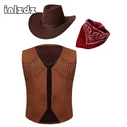 Girls Boys Western Cowboy Cowgirl Vest Costumes Brown Suede Leather Fringed Jacket Tops for Halloween Carnival Party Cosplay