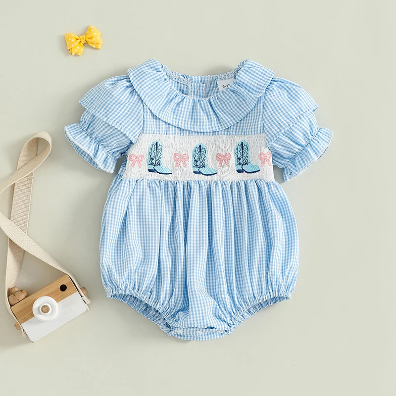 Newborn Baby Girl Summer Plaid Romper Short Puff Sleeve Ruffled Round Neck Jumpsuit Bow Embroidery Romper Infant Clothes
