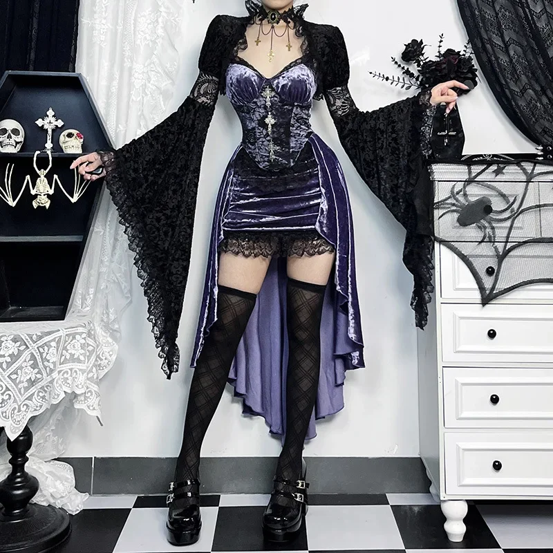 Goth Dark Prachtige Victoria Gothic Fluwelen A-lijn Jurken Vrouwelijke Elegante Avond Lolita Partywear Grunge Sling Kanten Zoom Alt Doek