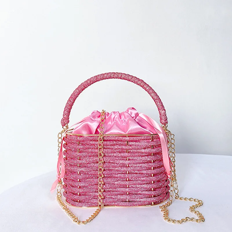 Bolso de mano de noche con cuerda de cristal para mujer, Cartera de lujo con diamantes de imitación, jaula de Metal, bolsa de cubo con cordón para boda