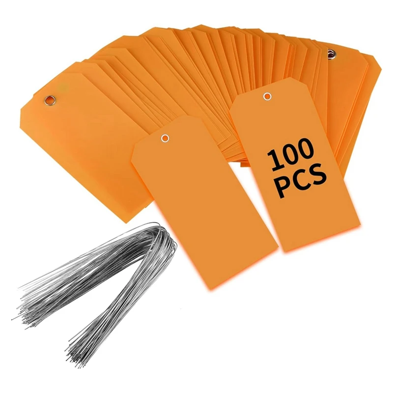 100 Pieces 4 3/4Inch X 2 3/8Inch Plastic Shipping Tags With Wires Blank Labeling Tags Waterproof Hang Tags (Orange) Durable