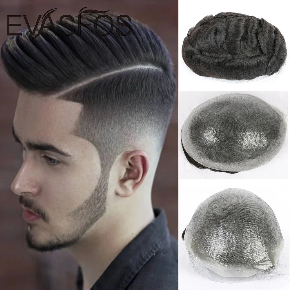 EVASFOS 0.02-0.04mm Super Thin Skin Men's Toupee Natural European Human Hair Male Wig Prosthesis Hair System For Men