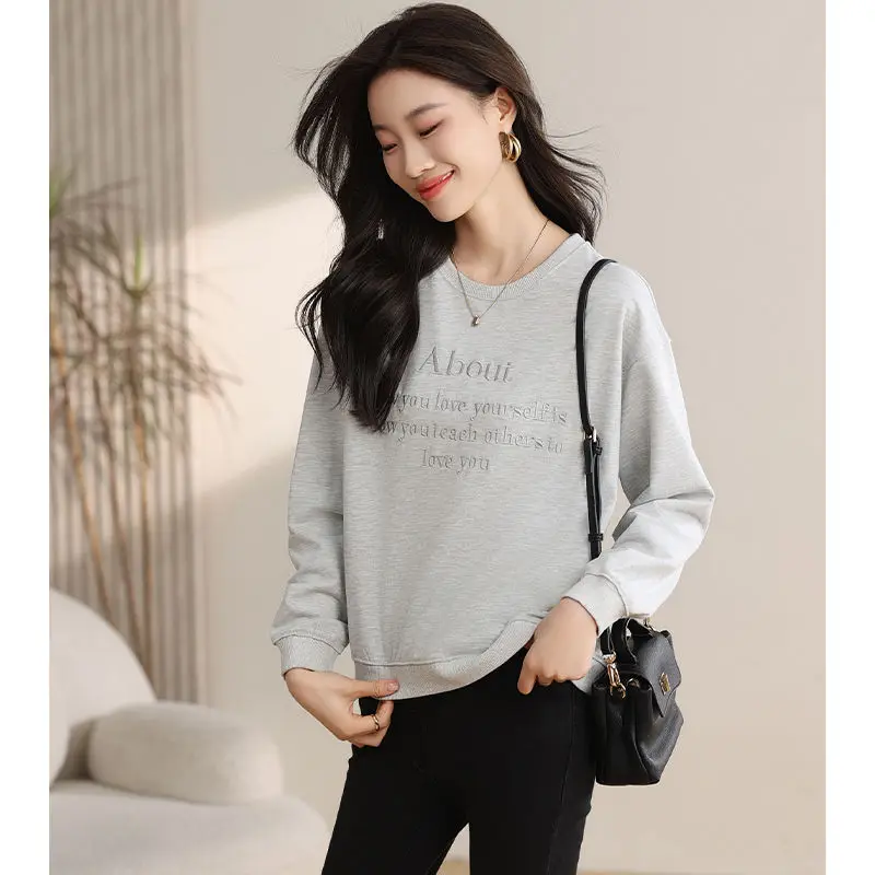 2024 Spring Autumn Women's New Splicing Pullovers O-Neck Embroidery Letter Fashion Solid Loose Casual Long Sleeve Sweatshirts