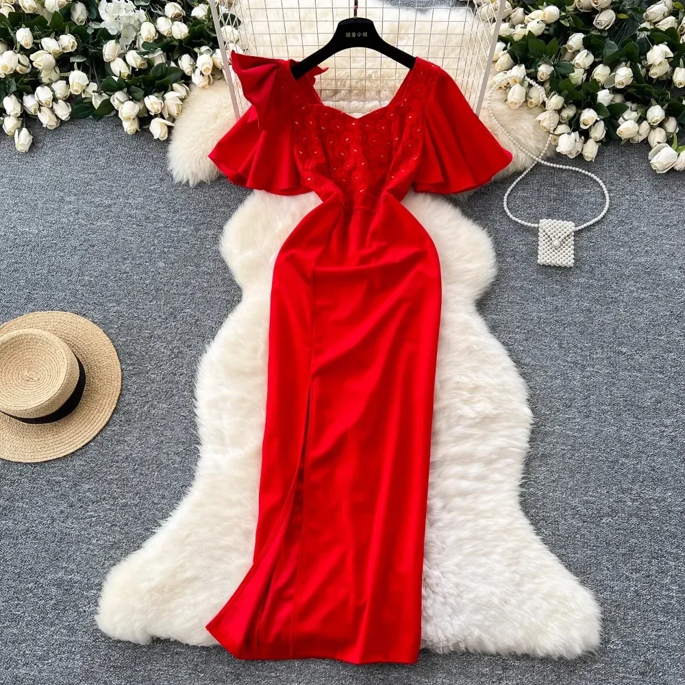 Elegante manga curta alargamento vintage gola quadrada chique borboleta magro split vestidos francês noite alta rua roupas tamanhos grandes