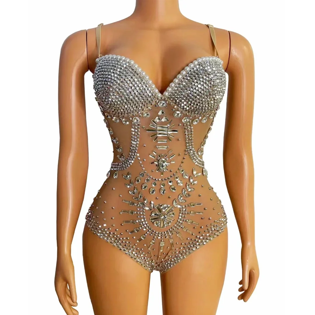 

Shining Crystal Mesh Transparent Women Bodysuit Party Nightclub Dance Stage Performance Clothing Fashion Sling Jumpsuit