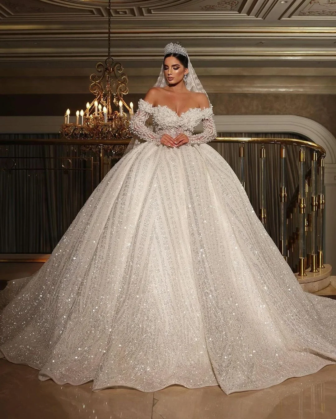

Customized Exquisite Off The Shoulder Bridal Dress Shiny Sequins Beads Wedding Dress 2025 Ball Gown Robe Vestido De Novia