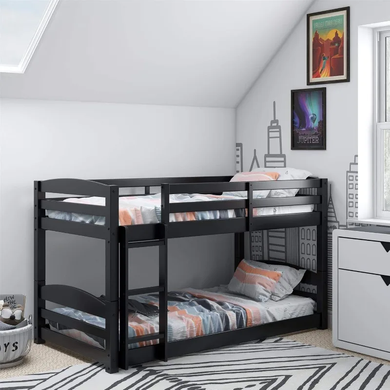 Phoenix Twin Bunk Bed with Ladder, Black, Space-Saving Design, Solid Wood Construction