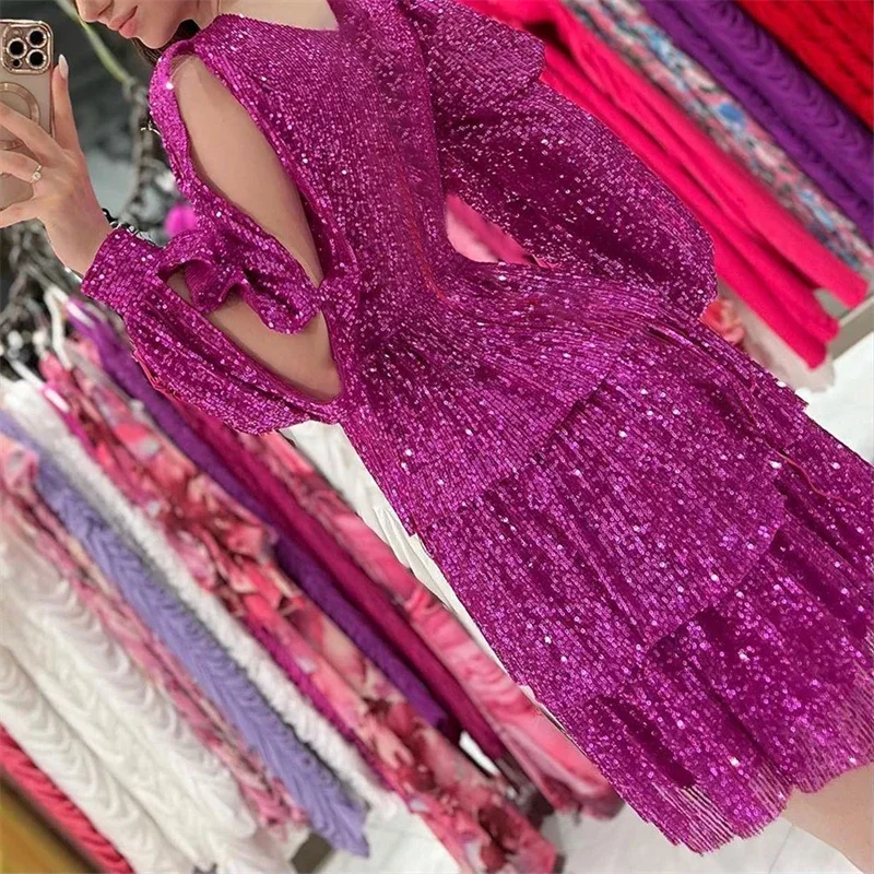 Vestido feminino com babados em camadas, manga comprida, lantejoulas glitter elegantes, vestidos estilo francês, moda outono, 2024