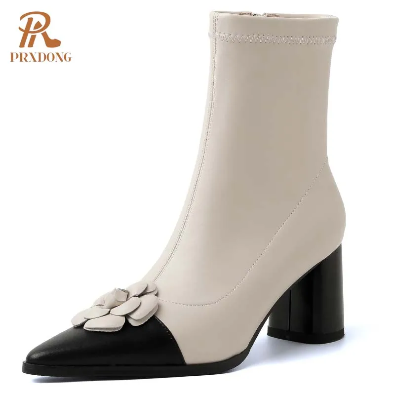 PRXDONG Top 2025 nouveau élégant automne hiver chaud bottines talons hauts bout pointu Beige abricot robe à glissière fête dame chaussures
