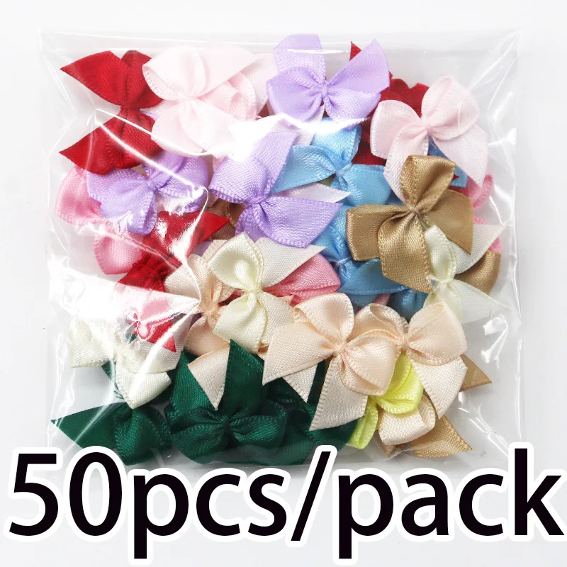 (50 Pcs) Colorful Ribbon Bows 2.5x2.5cm Small Size Polyester Satin Bow Flower Craft DIY Hair Accessories