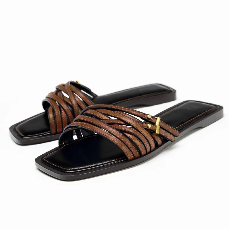 Narrow Band Fashion Flat Slippers Women 2026 New Brand Slides Female Brown Open Toe Light Comfort Non-slip Beach Sandals Women