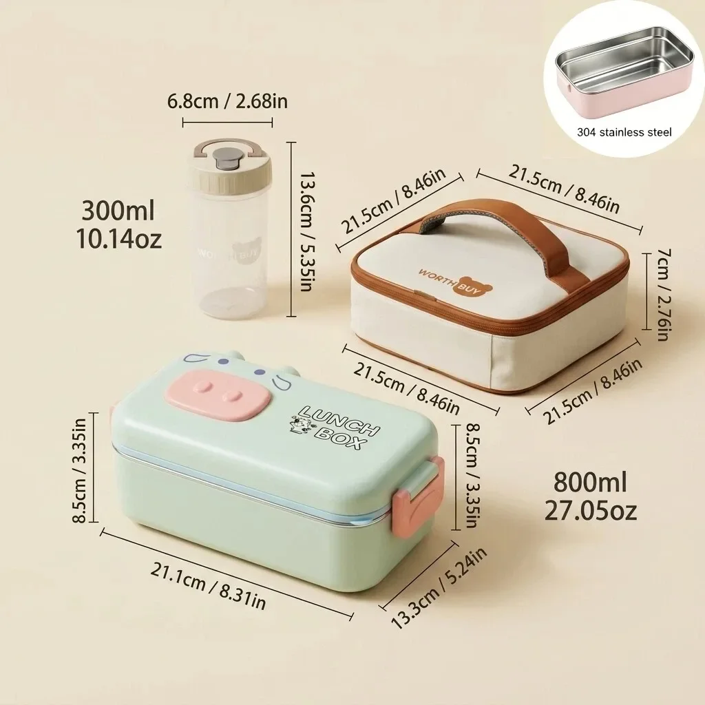 304 roestvrijstalen bentobox, schattige lunchbox voor kinderen, geschikt voor gebruik in de magnetron, met vakken, luchtdichte bewaardozen voor voedsel en bestek, ideaal voor school.