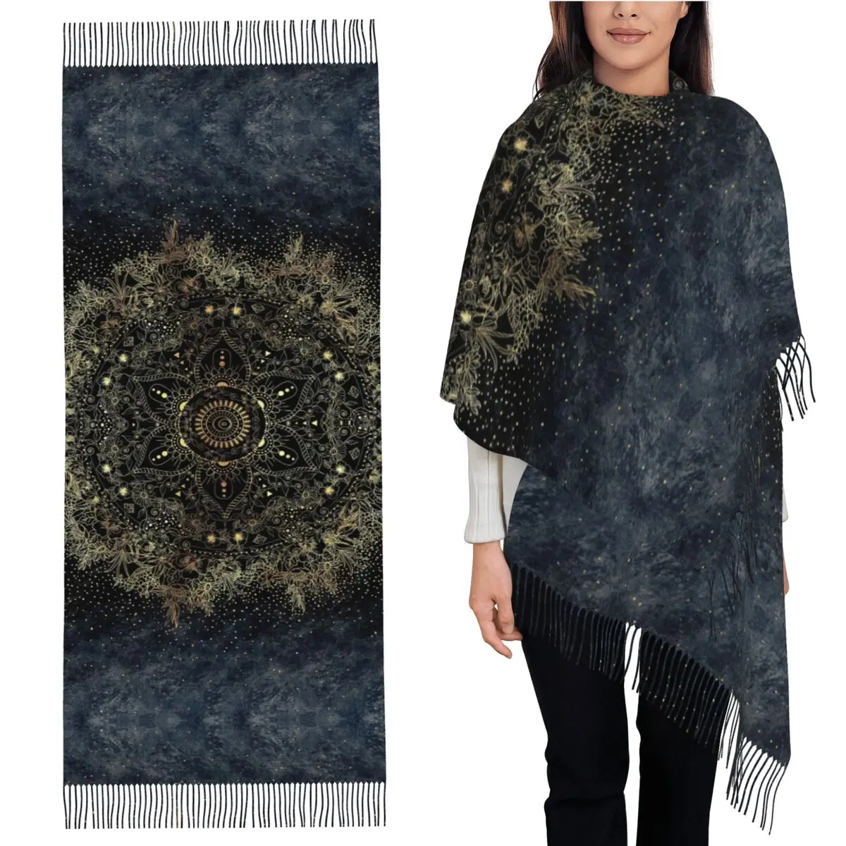 

Blue Gold Mandala Floral Scarf Tassel Scarves Women Soft Warm Shawls and Wraps Long Fall Winter Shawl Wrap