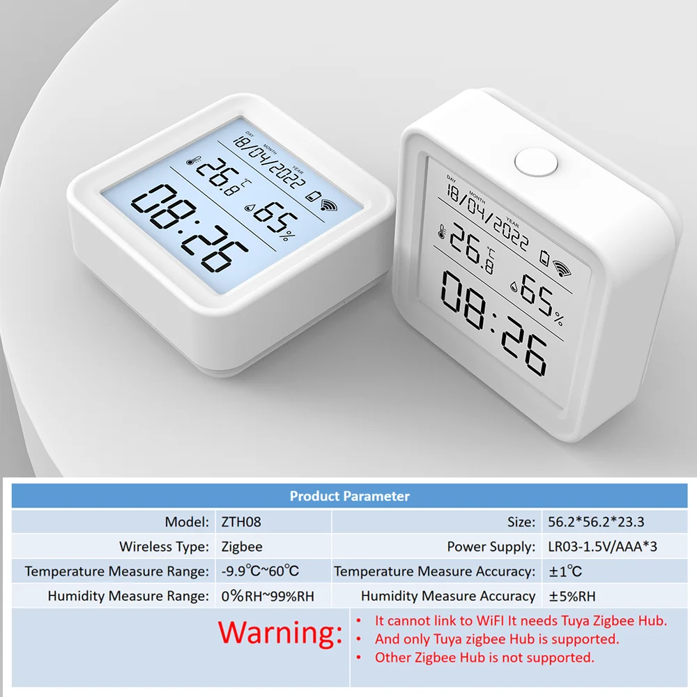 Tuya Zigbee Temperature Humidity Sensor LED Blacklight Screen for Smart Home Automation Works With Tuya Zigbee Hub GateWay