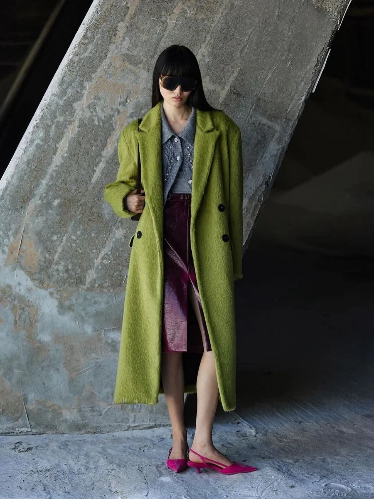 

Women Vintage Green Double Breasted Woolen Overcoats Elegant Lapel Full Sleeves Long Coat Autumn Fashion Lady Street Outwears