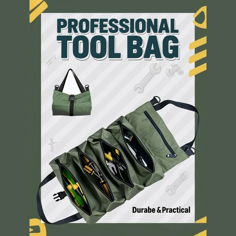 منظم الأدوات القابل للطي الاحترافي: 4+ جيوب بسحاب وحزام كتف سميك لتخزين المفكات/المفكات - وضع مدمج جاهز للطي!