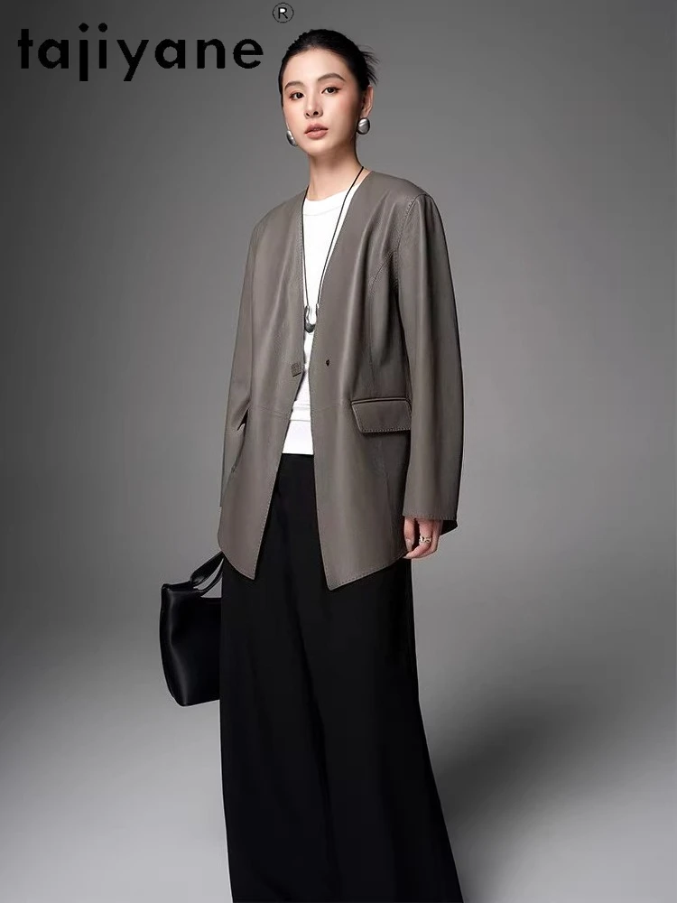 TAJIYANE Jacken aus echtem Ziegenleder, stilvolle Mäntel mit V-Ausschnitt, mittellange Jacke aus echtem Leder, Damenjacke, 2025, Herbst-Damenkleidung, 12.71