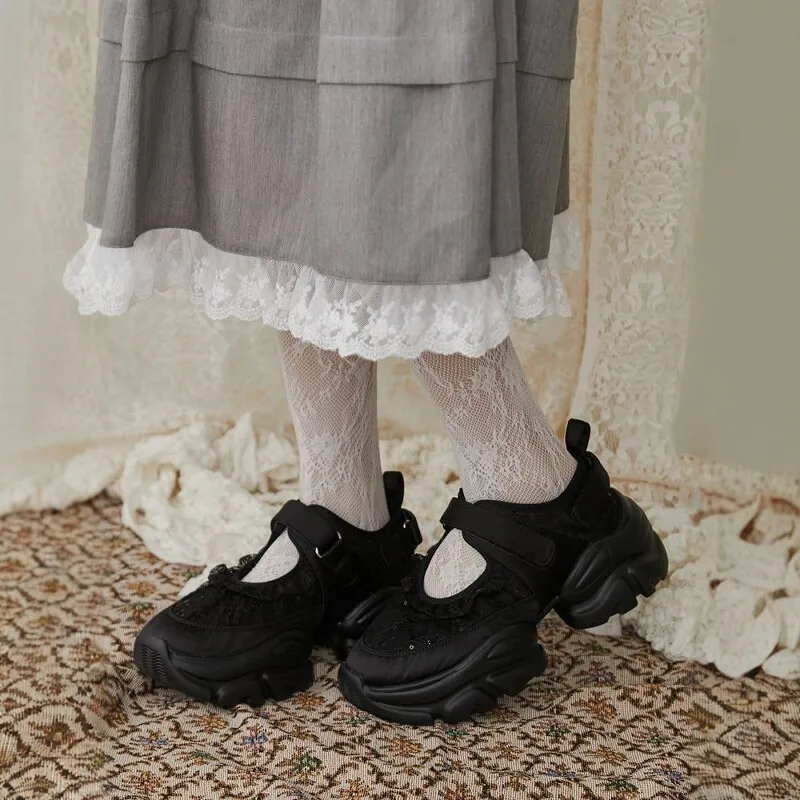 Japanese Niche Lace Sweet Versatile Lace Bow Strap Platform Shoes Women's Height Increase Sports Casual Shoes Daddy Shoe Girls