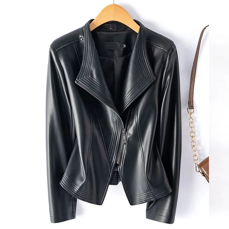 M-5XL Sheepskin Leather Jacket Women Short Slim Split Leather Jacket Coats 2024 Chic Ladies Black/wine Red Leather Outwear Tops