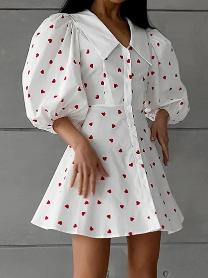 

Temperament Women Cotton and Linen Bubble Sleeves High Waist Heart Printed Dress Summer New Fashion Female Sweet A-Line Dresses
