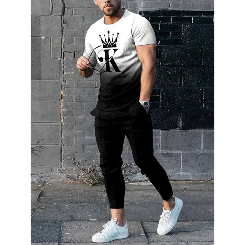 Men\'s T Shirt Set Letter K 3D Print T-shirt Pants Tracksuit Male T Shirts Trousers 2 Pieces Streetwear Oversized Suit Sportswear