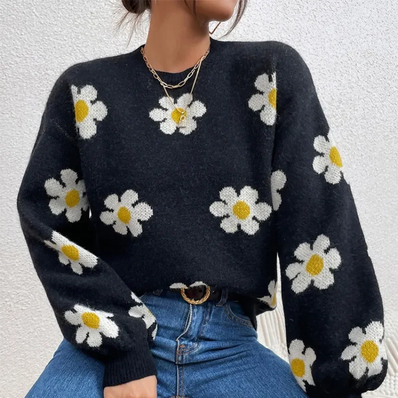 Autumn Winter New College Style Flower Knitted Coat Loose Fashion Round Neck Pullover Print Long Sleeve Sweater Women\'s Tops