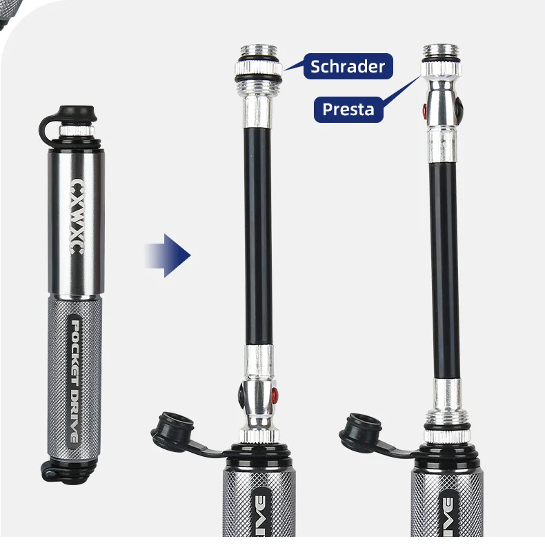 CXWXC Mini-Fahrradpumpe, max. 160 psi, tragbar, Schrader, Presta-Ventil, Luftpumpe, Aluminiumlegierung, Radfahren, versteckter Schlauch, Reifen, Handluftpumpe – Detail 8