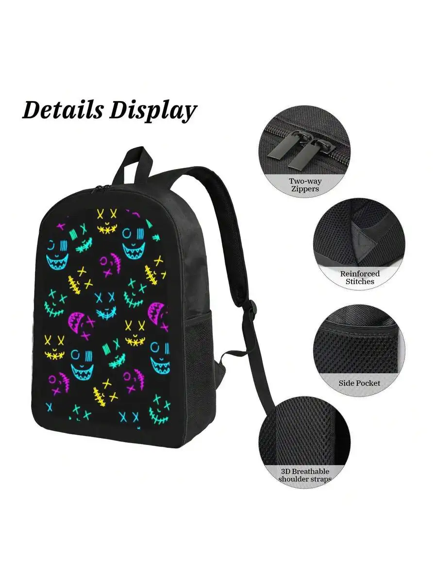 

Glowing Face Print Backpack With Double Shoulder Straps Lightweight Spacious For Adults