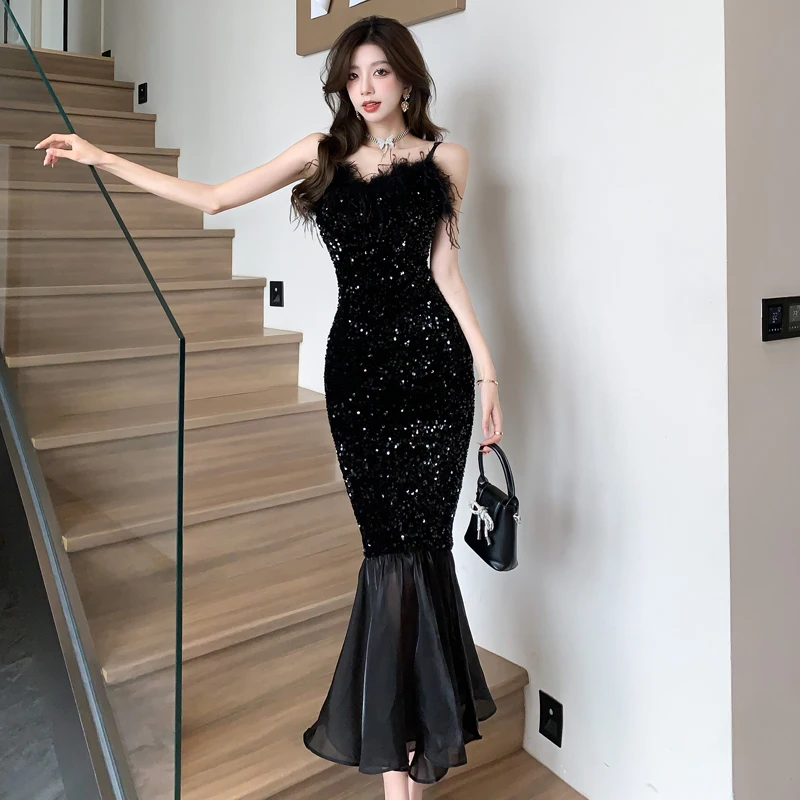 Women\'s French Style Velvet Spaghetti Elegant Lady Sequined Evening Straps Long Dress Summer Black Fishtail Sheath Dresses