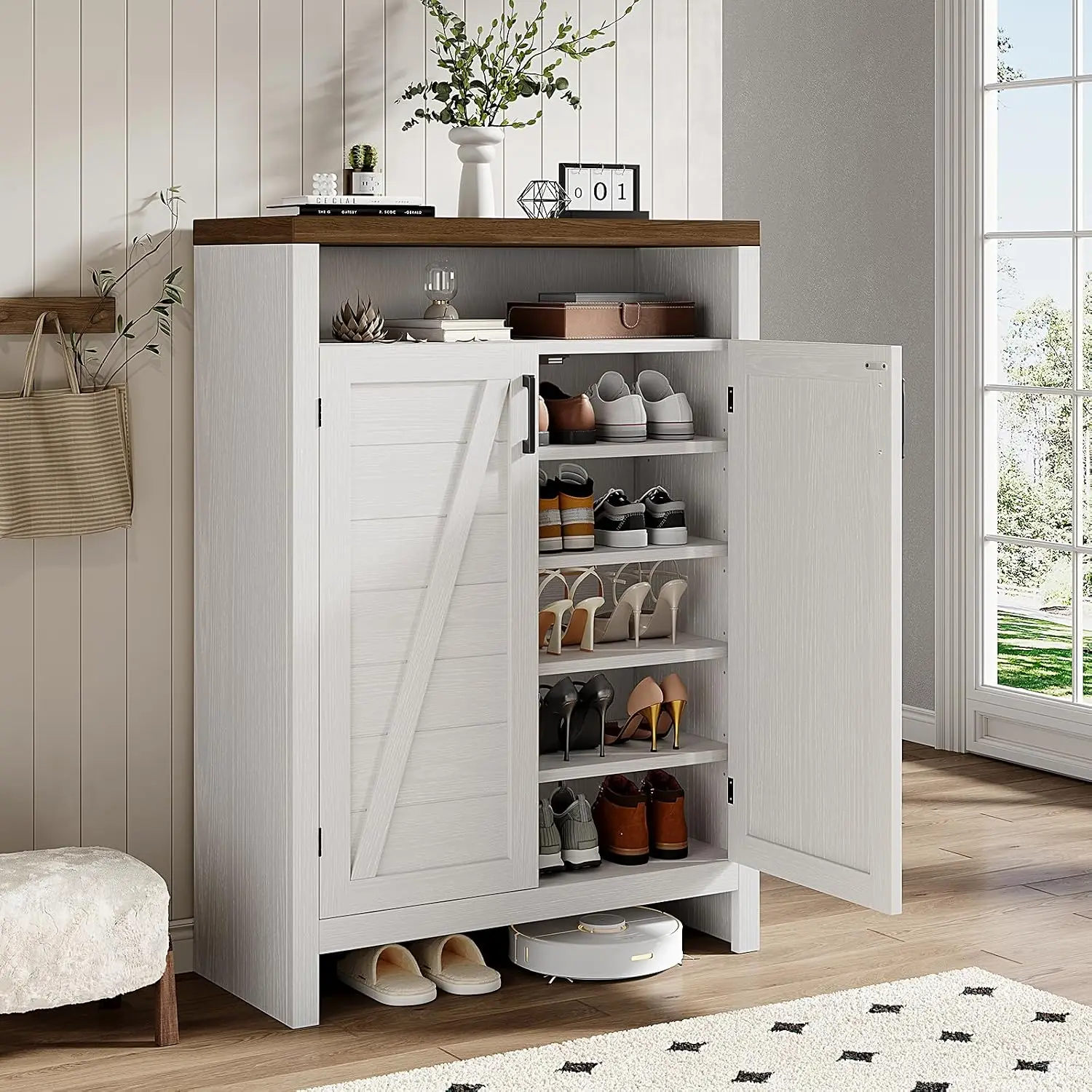 Shoe Cabinet Storage Organizer, Freestanding Six Tier Footwear Cupboard With Enclosed Doors For Entryway Hallway Living Room, Farmhouse Modern Style, White Finish, 1 Piece