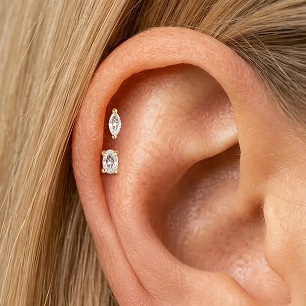 AIDE 14K Solid Gold Sparkling Moissanite Horse Eyes Women's G23 Titanium Flat Back Piercing Ear Bone Nail Wedding Bridal Jewelry