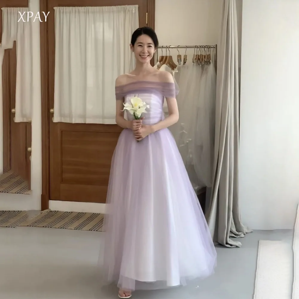 

XPAY Fairy Light Purple A Line Wedding Dresses Photo shoot Korea Princess Bride Gowns Evenng Party Detachable shawl Customized