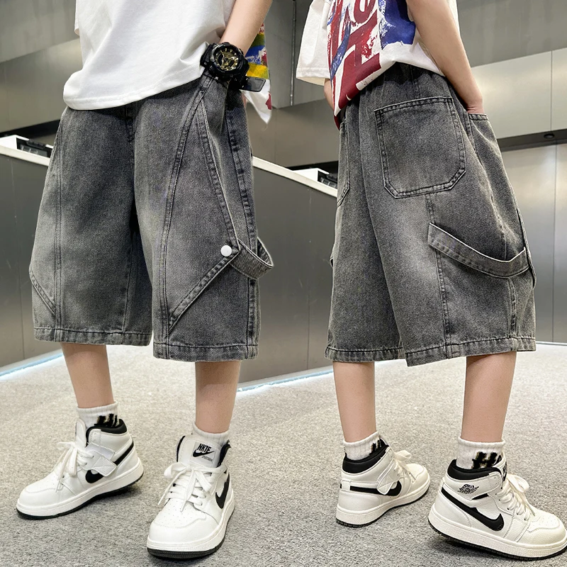 

New Design Summer Boys Denim Shorts Solid Gray Color Fashion Splicing Back Handsome Knee Length Pants Kids Child Stylish Bottoms