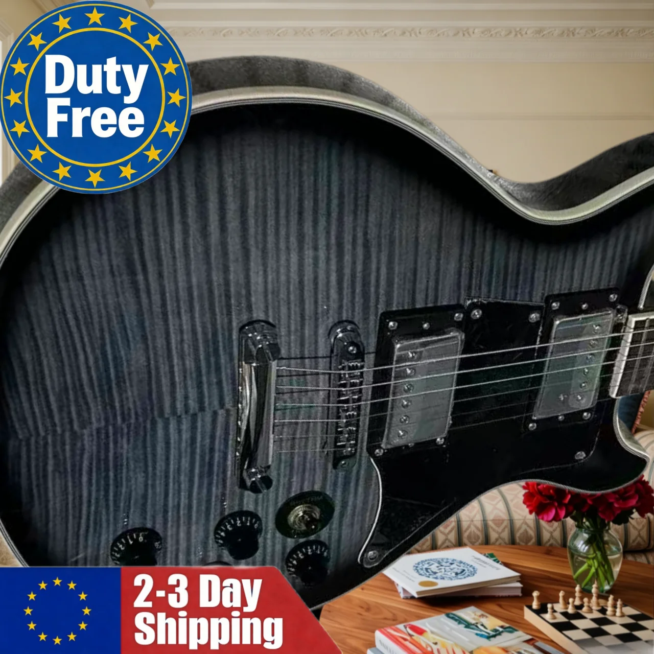 Guitare noire de l'entrepôt allemand, artisanat exquis, manche en palissandre lisse, micros HH, pont fixe, détails articulés, harmoniques persistants.