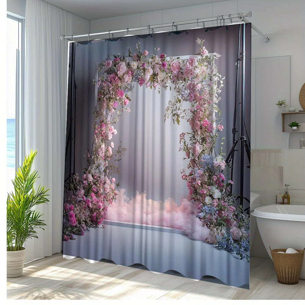 

1pc Floral Bath Curtain with Romantic Nature Scene - 70.8x70.8 Inch Premium Polyester Fabric, 12 Hooks Included, Pink & White