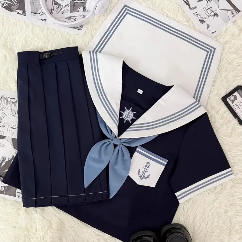 2024 New Japanese JK Uniform Sailor Collar Suit Preppy Style Summer Cute Dark Blue Long And Short Sleeve Top Skirt Bow Set Girls