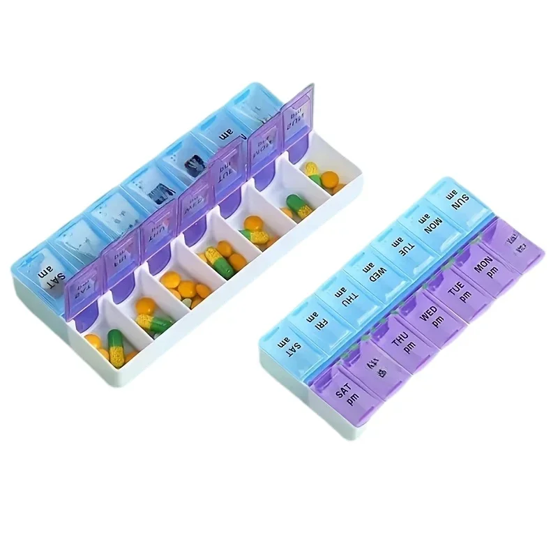 Neue wöchentliche tragbare Reise-Pillendose, 7-Tage-Organizer mit 14 Fächern, Pillenbehälter zur Aufbewahrung von Tabletten, Vitaminen, Medikamenten, Fischölen