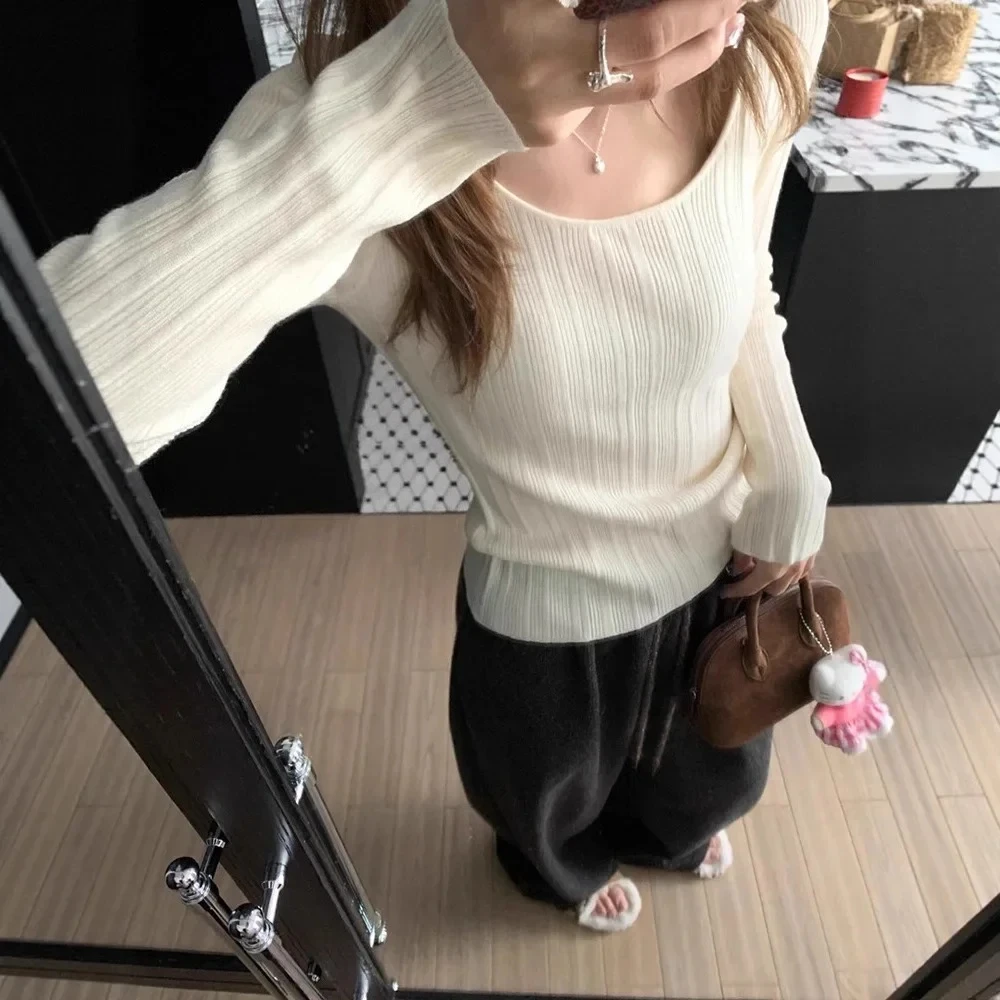 

Women's Spring Autumn New Style Korean Waist-Cinching Slimming Casual Knitwear Comfortable Long Sleeve U-Neck Base Layer T-Shirt