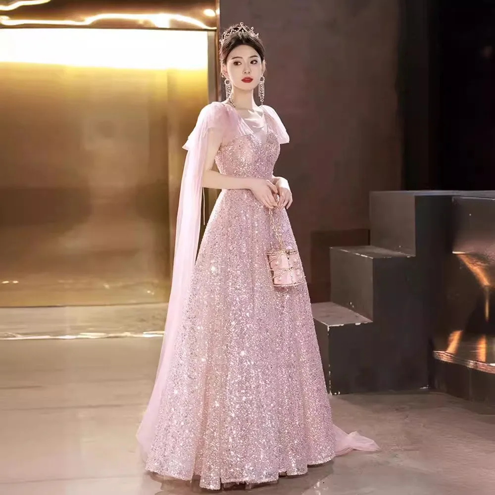 

Light Luxury Pink Sequins Evening Dress Women's Elegant Classical Tulle Bow Sleeves Floor-Length Sagging Fold A-line Vestido