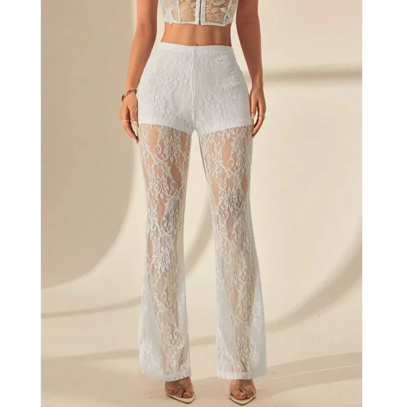 Chic Lace Long Flared Pants Women's Sexy Perspective High Waist Floral Pattern Casual Trouser Lady Fashion Pant Daily Daily Wear