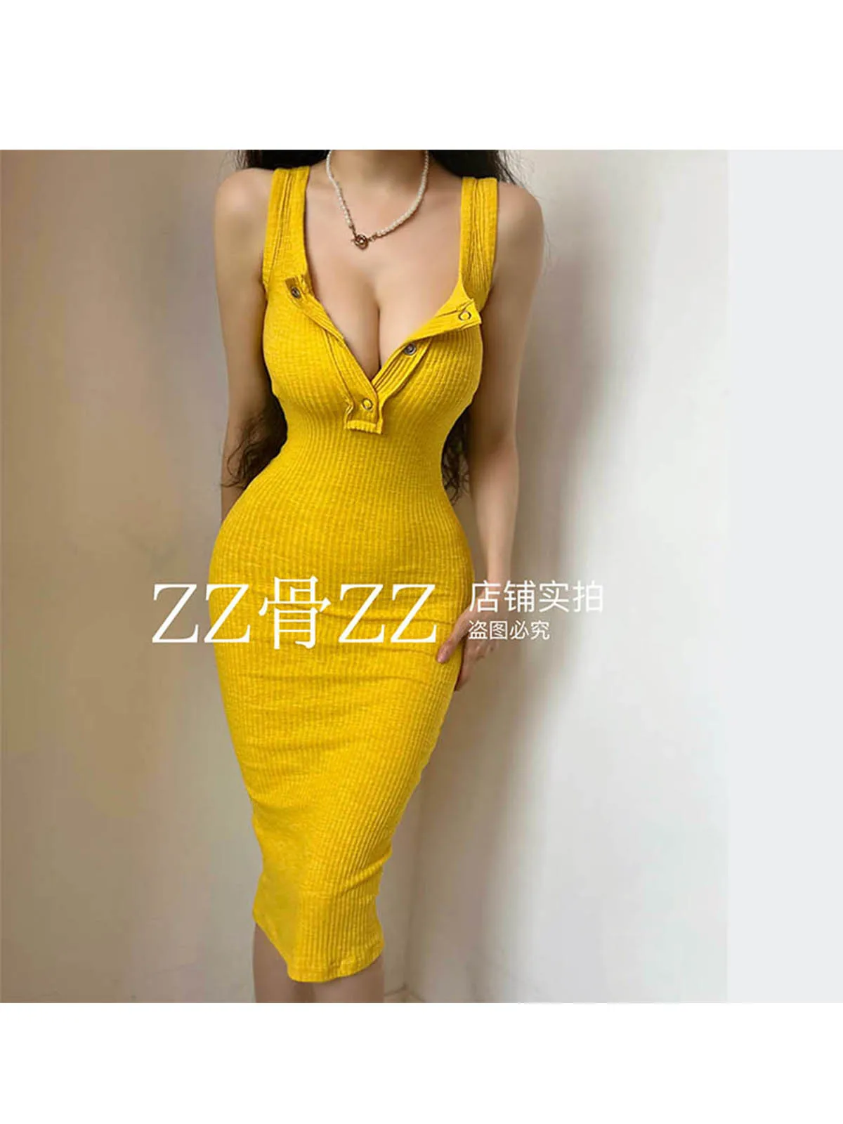 Elegance Women Half Open Collar Slim Solid Color Wrapped Hip Tank Top Dress elegant fashion yellow dresses 2024 new 7OL9